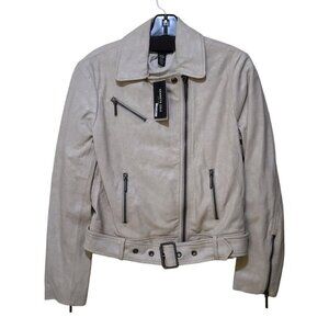 NWT Kenneth Cole Sheep Suede Biker Moto Jacket Belted Ivory Women's XS KCMR84622